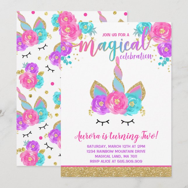 Magical Unicorn Birthday Invitation Unicorn Party (Front/Back)