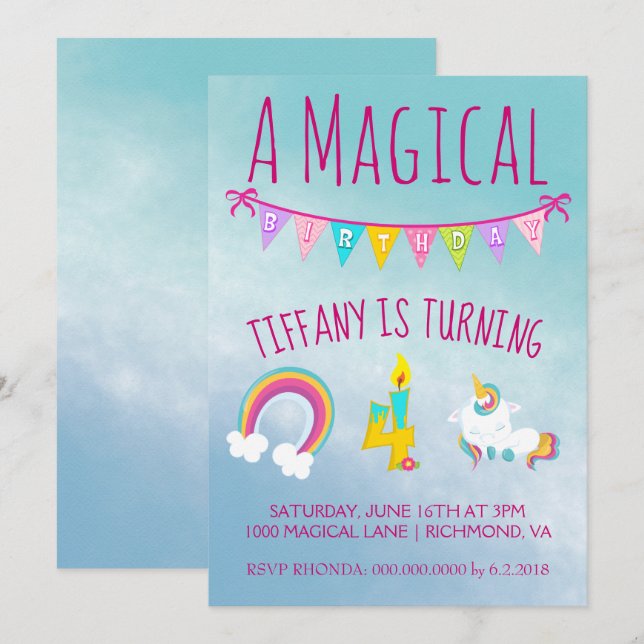 Magical Unicorn Birthday Party Four Years Old Invitation (Front/Back)