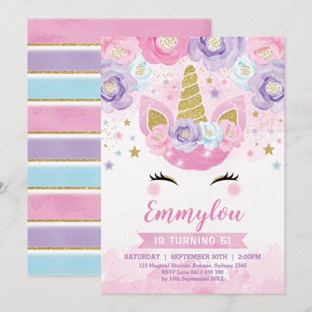 Magical Unicorn Birthday Party Pink Purple Rainbow Invitation (Front/Back)
