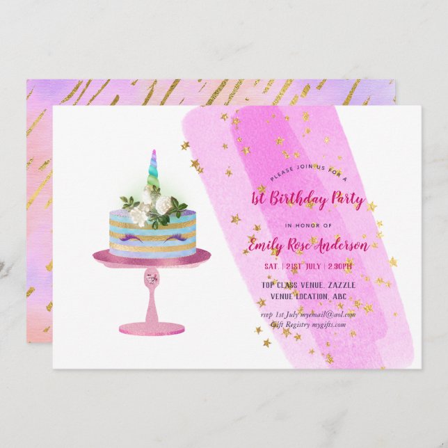 Magical Unicorn Cake Birthday Invites - ANY AGE (Front/Back)