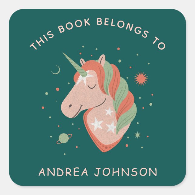 Magical Unicorn Celestial Planets Name Bookplate  Square Sticker (Front)