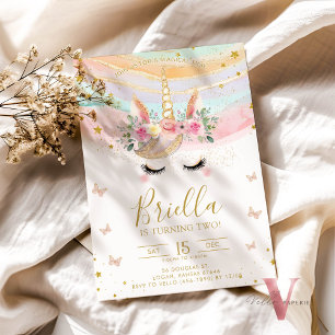 Magical Unicorn Colorful Pastel Gold Birthday Invitation