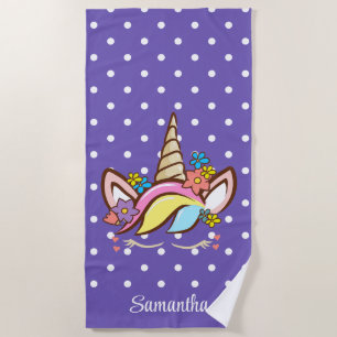 Magical Unicorn Colourful Girl Name Floral Beach Towel