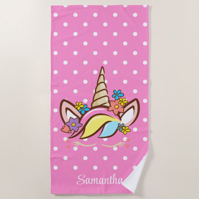 Magical Unicorn Colourful Girl Name Floral Pink Beach Towel (Front)