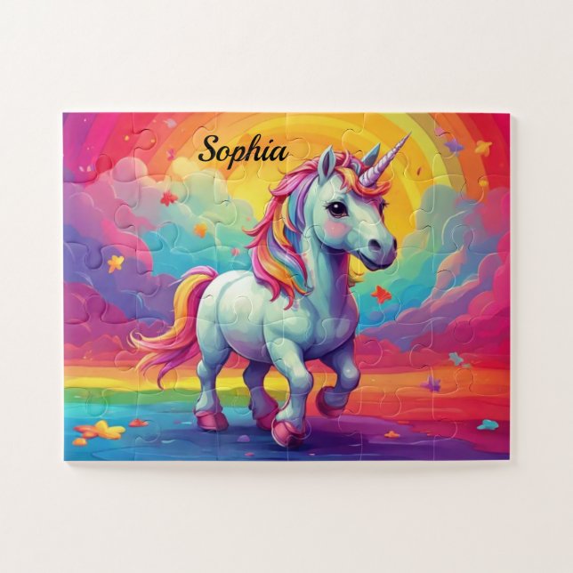 Magical Unicorn Colourful Rainbow Personalized Kid Jigsaw Puzzle (Horizontal)