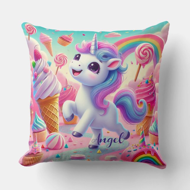 Magical Unicorn, Cupcakes, & Rainbow Throw Pillow (Front)