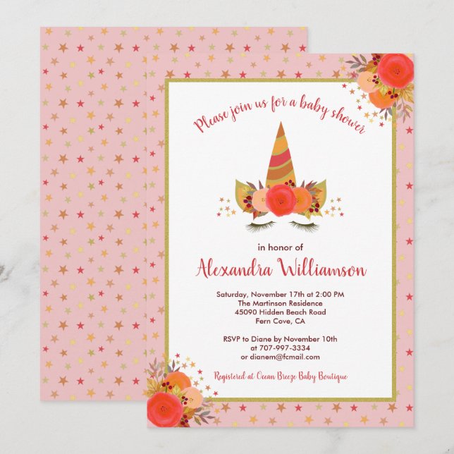 Magical Unicorn Fall Thanksgiving Girl Baby Shower Invitation (Front/Back)
