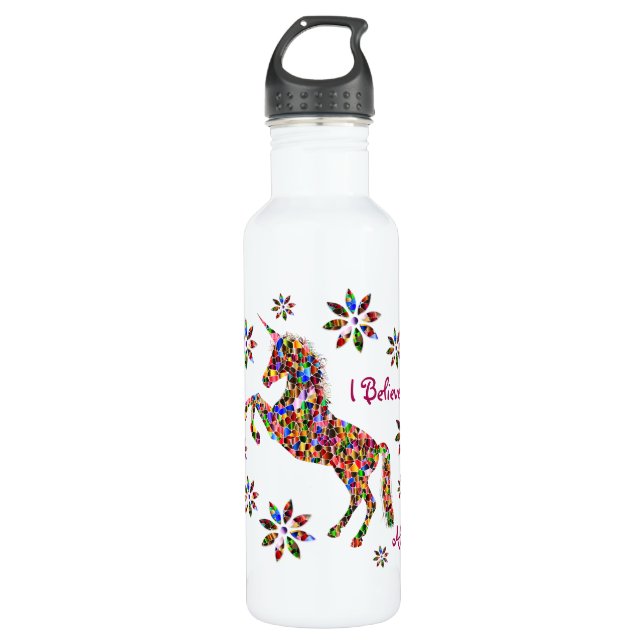 Magical Unicorn Flower Believe Glitter Personalize 710 Ml Water Bottle (Front)
