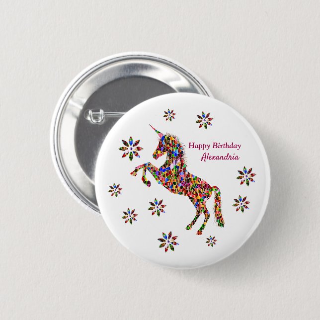 Magical Unicorn Flowers Birthday Personalize 2 Inch Round Button (Front & Back)