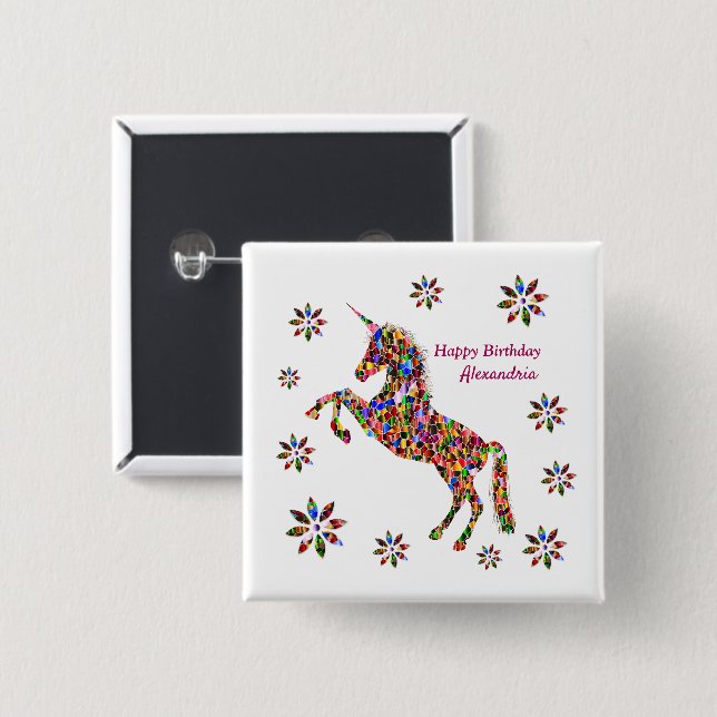 Magical Unicorn Flowers Birthday Personalize 2 Inch Square Button (Front & Back)