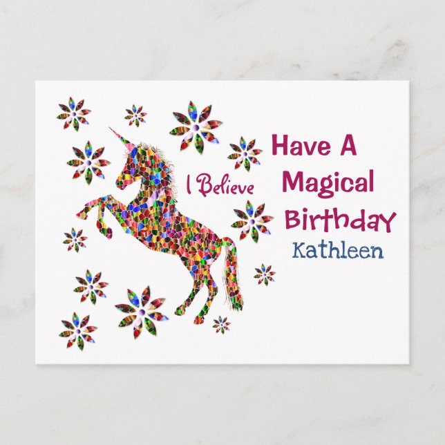 Magical Unicorn Flowers Birthday Personalize Postcard (Front)