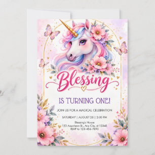 Magical Unicorn Girl 1st Birthday Party Invitation