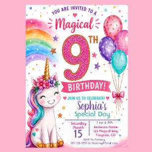 Magical Unicorn Girl's 9th Birthday Invitation