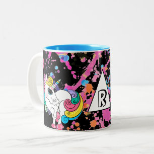 Magical Unicorn Girly Rainbow Retro Paint Splatter Two-Tone Coffee Mug