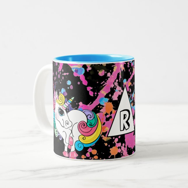 Magical Unicorn Girly Rainbow Retro Paint Splatter Two-Tone Coffee Mug (Front Left)