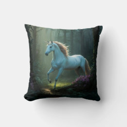 Magical Unicorn in Enchanted Forest Throw Pillow