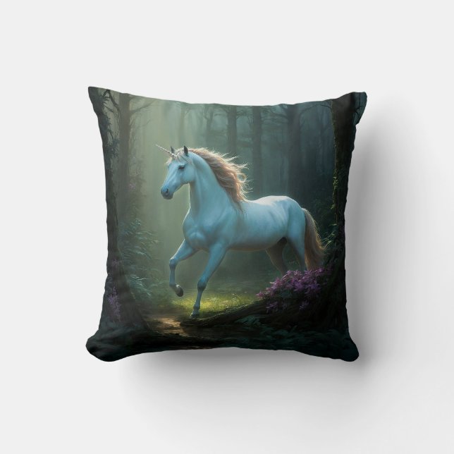 Magical Unicorn in Enchanted Forest Throw Pillow (Front)