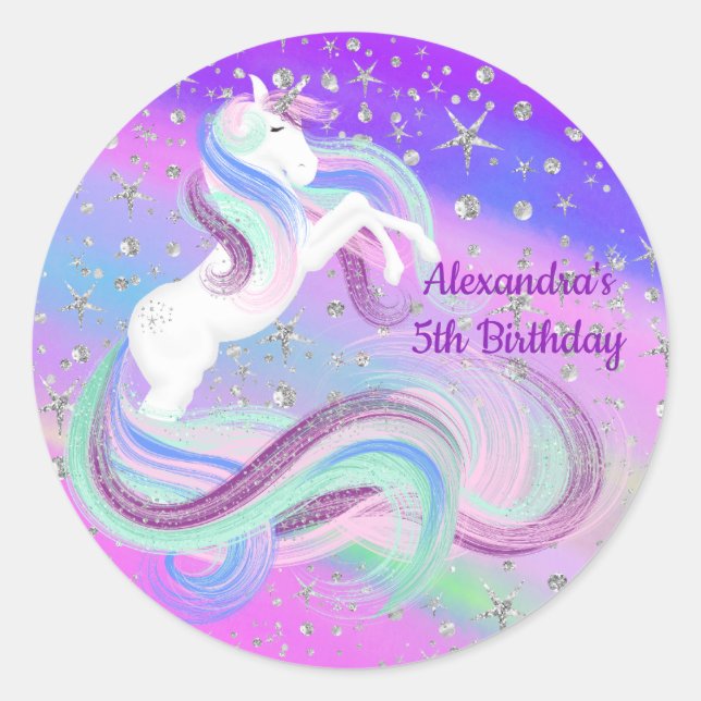 Magical Unicorn Kisses And Wishes Silver Stars Classic Round Sticker (Front)