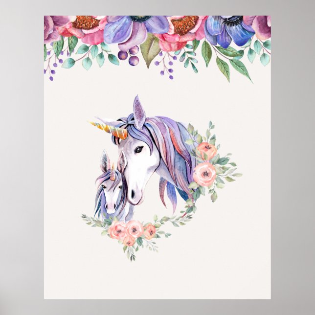 Magical Unicorn Mom & Baby Watercolor Poster (Front)