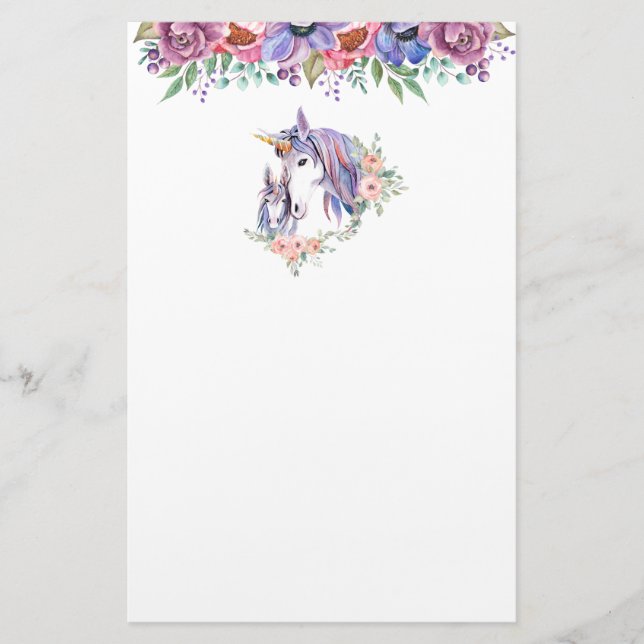 Magical Unicorn Mom & Baby Watercolor Stationery (Front)