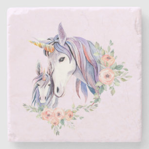 Magical Unicorn Mom & Baby Watercolor Stone Coaster