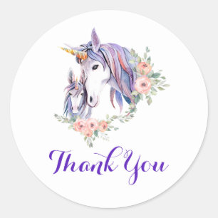 Magical Unicorn Mom & Baby Watercolor Thank You Classic Round Sticker