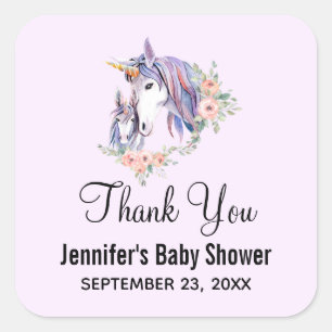 Magical Unicorn Mom & Baby Watercolor Thank You Square Sticker
