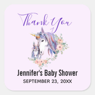 Magical Unicorn Mom & Baby Watercolor Thank You Square Sticker