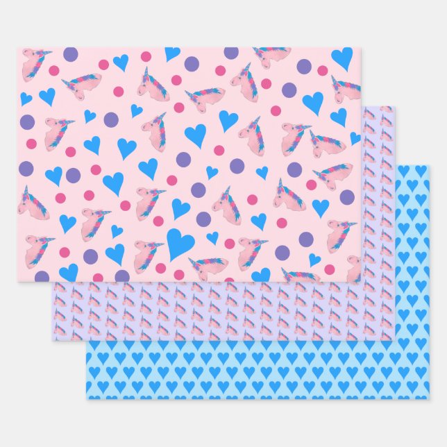 Magical Unicorn Mythical Horse and Hearts Wrapping Paper Sheet (Set)