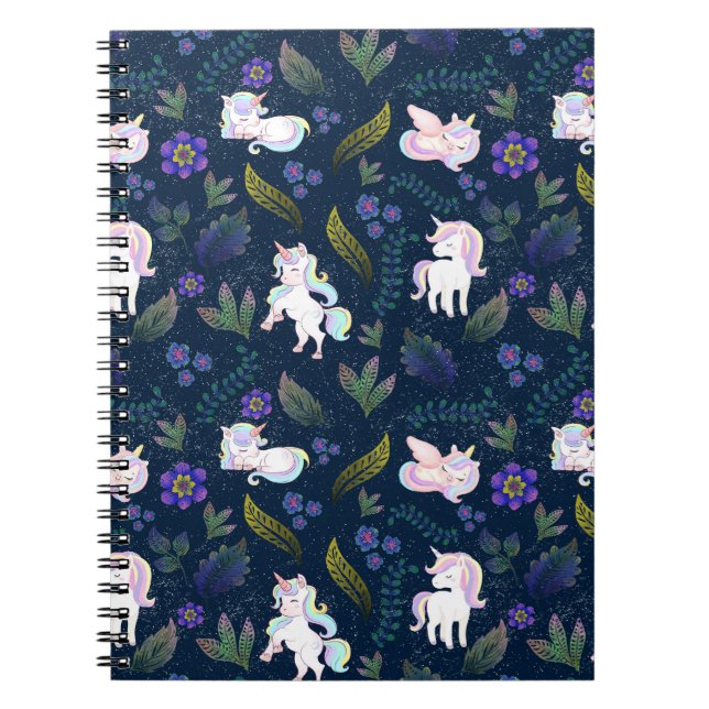 Magical Unicorn Night Forest Seamless Pattern Notebook (Front)