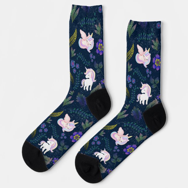 Magical Unicorn Night Forest Seamless Pattern Socks (Left)