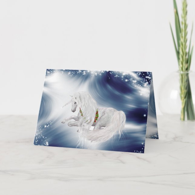 Magical Unicorn on Deep Blue  Holiday Greeting (Front)