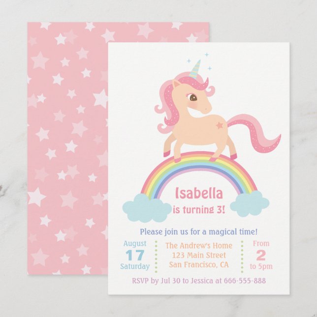 Magical Unicorn on Rainbow Girls Birthday Party Invitation (Front/Back)