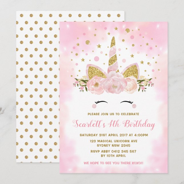 Magical Unicorn Pastel Pink Clouds Birthday Party Invitation (Front/Back)