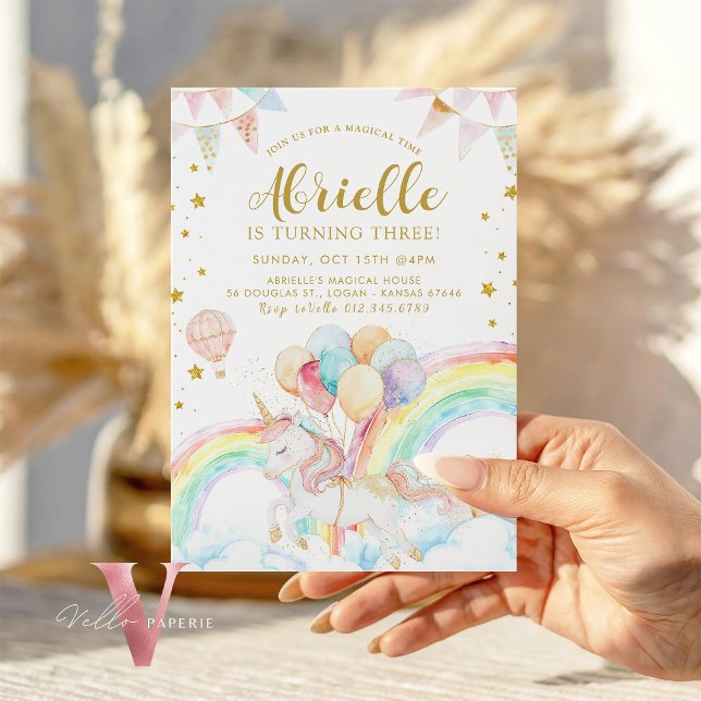 Magical Unicorn Pastel Rainbow Gold Glitter Bday Invitation (Creator Uploaded)