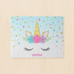 Magical Unicorn Personalized Kids Jigsaw Puzzle<br><div class="desc">Unique custom unicorn jigsaw puzzle for kids. This cute design features a unicorn face,  flowers and stars. Personalize with a name for a special gift!</div>