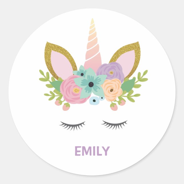 Magical Unicorn Personalized  name glitter girly   Classic Round Sticker (Front)