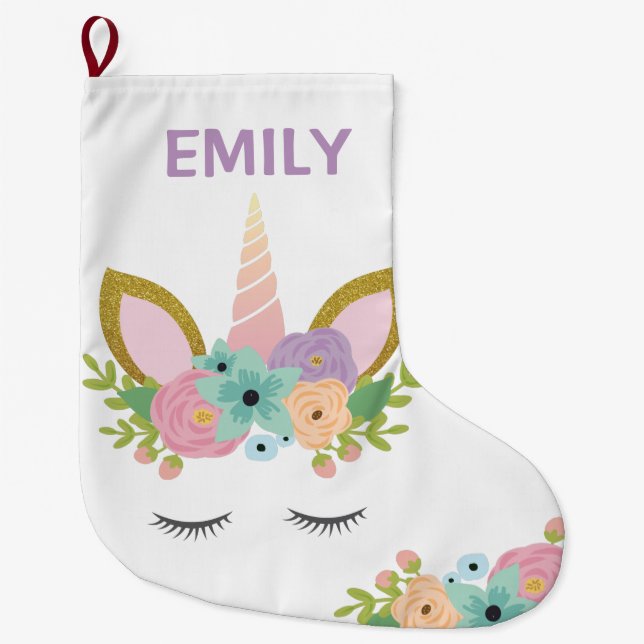 Magical Unicorn Personalized  name glitter girly   Large Christmas Stocking (Front)