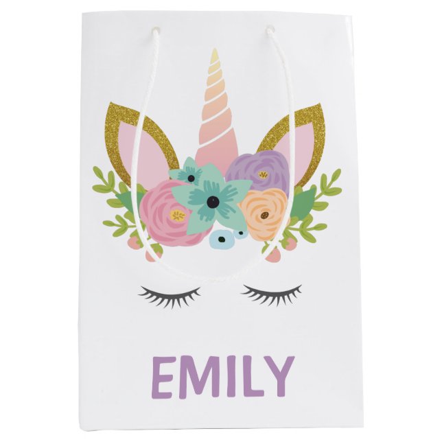 Magical Unicorn Personalized  name glitter girly   Medium Gift Bag (Front)
