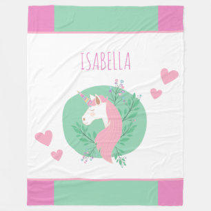 Magical Unicorn Pink and Teal Little Girl Name Fleece Blanket
