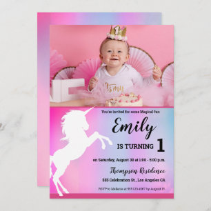 Magical Unicorn Pink Custom Photo 1st birthday Invitation