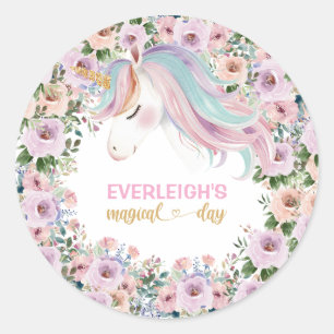Magical Unicorn Pink Flower 1st birthday Classic Round Sticker