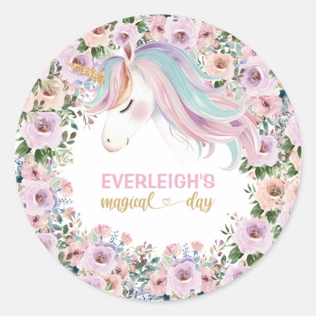 Magical Unicorn Pink Flower 1st birthday Classic Round Sticker (Front)