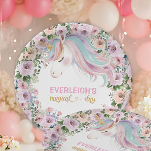 Magical Unicorn Pink Flower 1st birthday Paper Plate