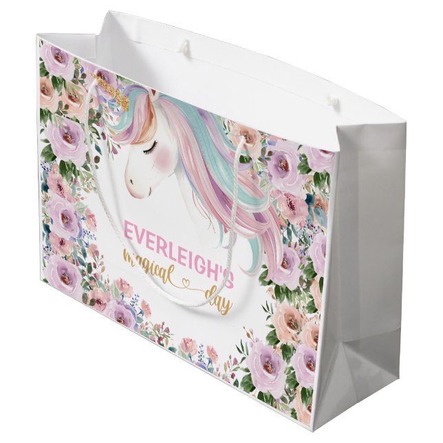 Magical Unicorn Pink Flower birthday Large Gift Bag (Back Angled)