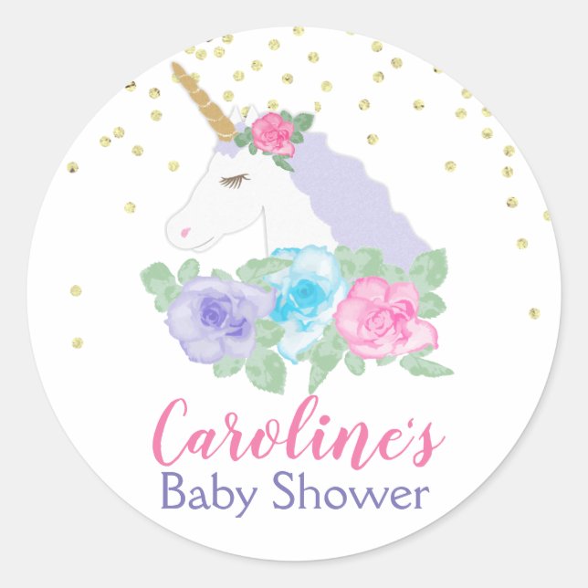 Magical Unicorn Pink & Gold Baby Shower Classic Round Sticker (Front)