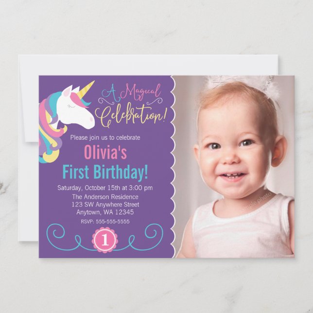 Magical Unicorn Purple Photo Birthday Invitations (Front)