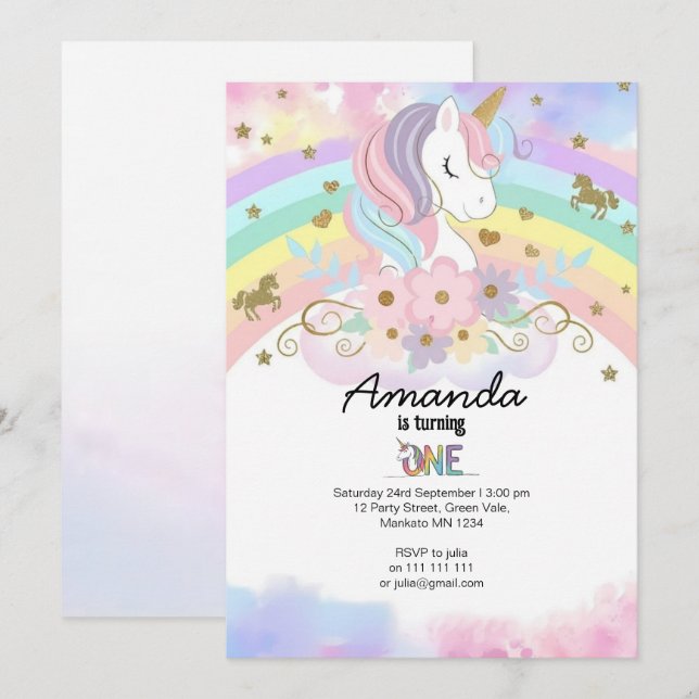 Magical Unicorn Rainbow 1st Birthday Invitation (Front/Back)