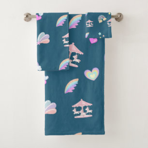 Magical Unicorn rainbow carousel pattern birthday  Bath Towel Set
