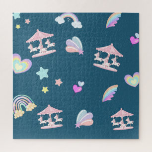 Magical Unicorn rainbow carousel pattern birthday  Jigsaw Puzzle